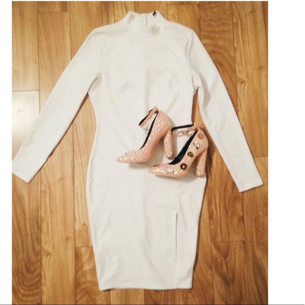 White high neck slit bodycon dress